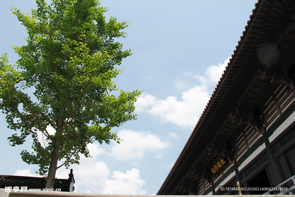 古建旁的绿树蓝天