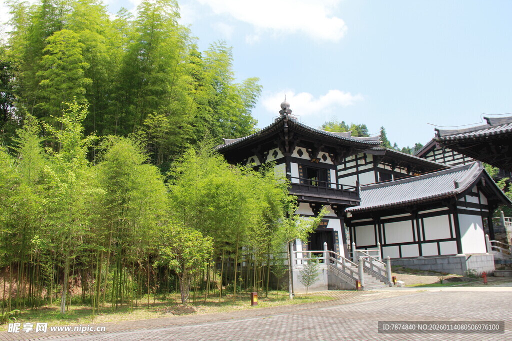 中式古建旁的葱郁竹林