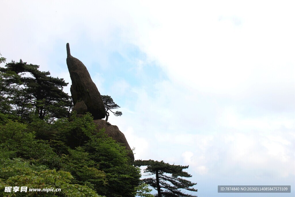 奇峰耸立伴葱郁林木