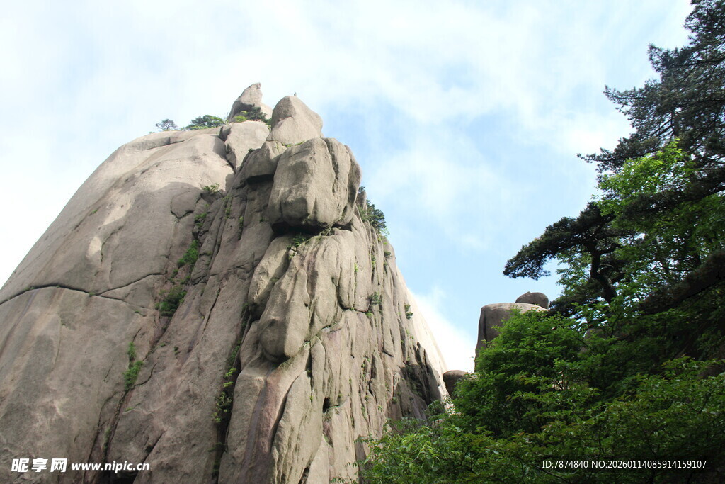 巍峨山石屹立于葱郁林间