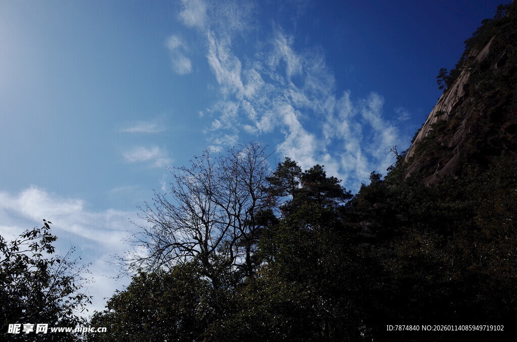 山间蓝天与稀疏树木