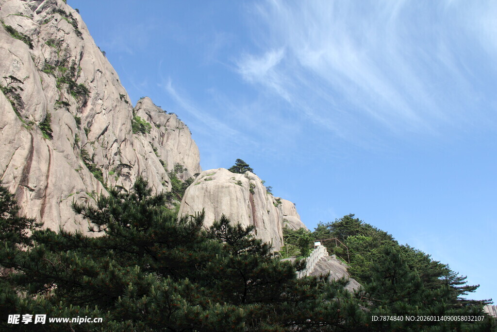 巍峨山石与葱郁林木景观