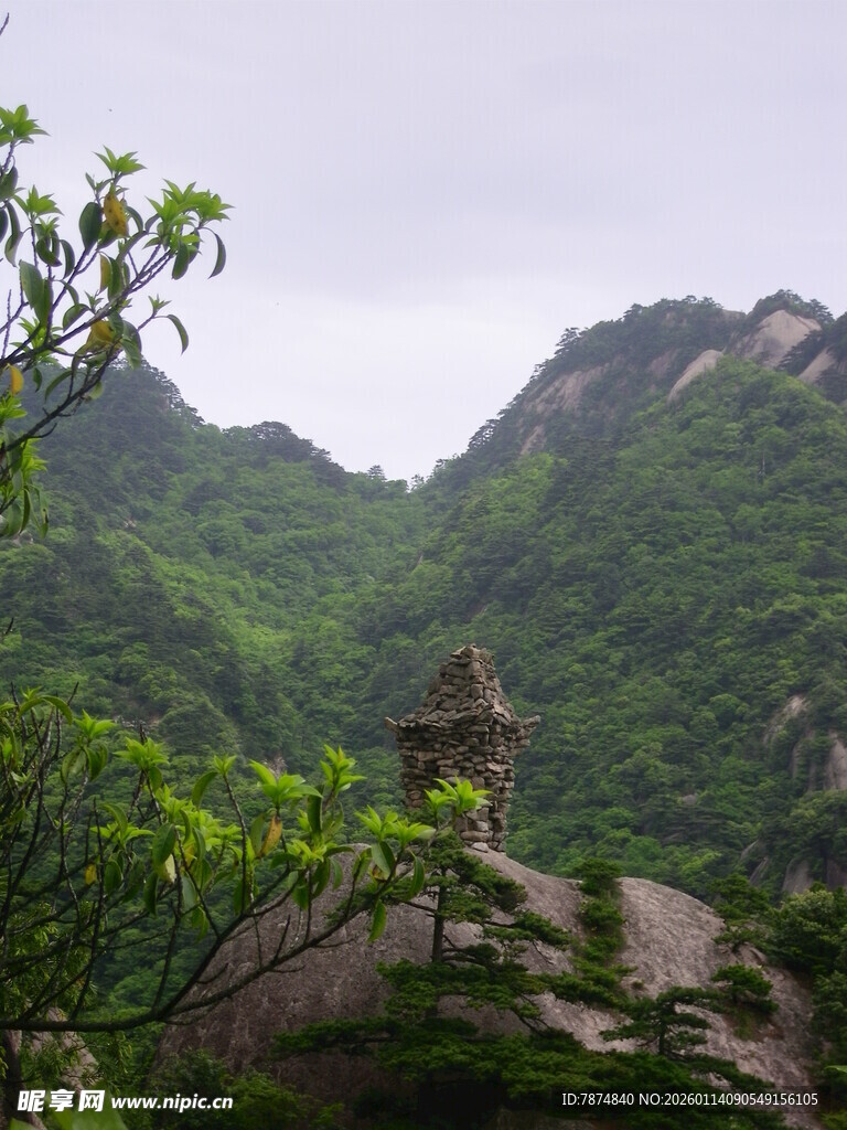 山间孤亭隐于葱郁山林