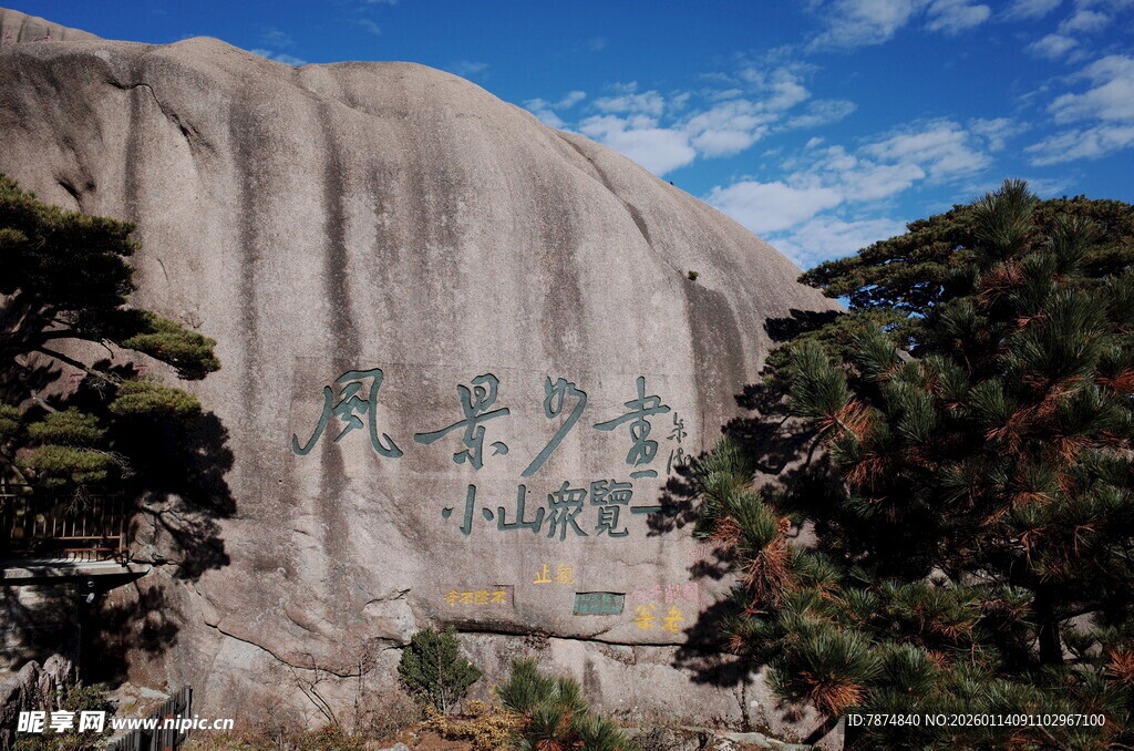 巍峨巨石旁的葱郁树木