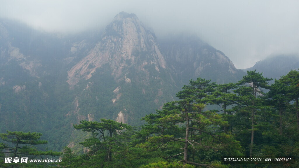 云雾缭绕中的青山绿树