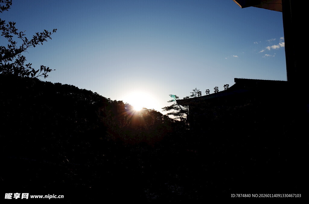 夕阳下的建筑与树木景观