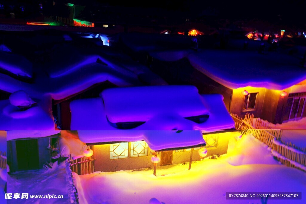 雪夜中的梦幻灯光村落