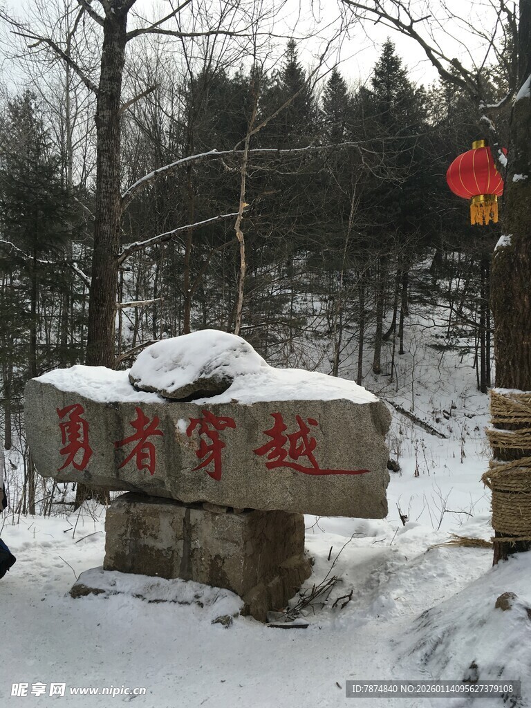雪覆石碑的静谧山林景