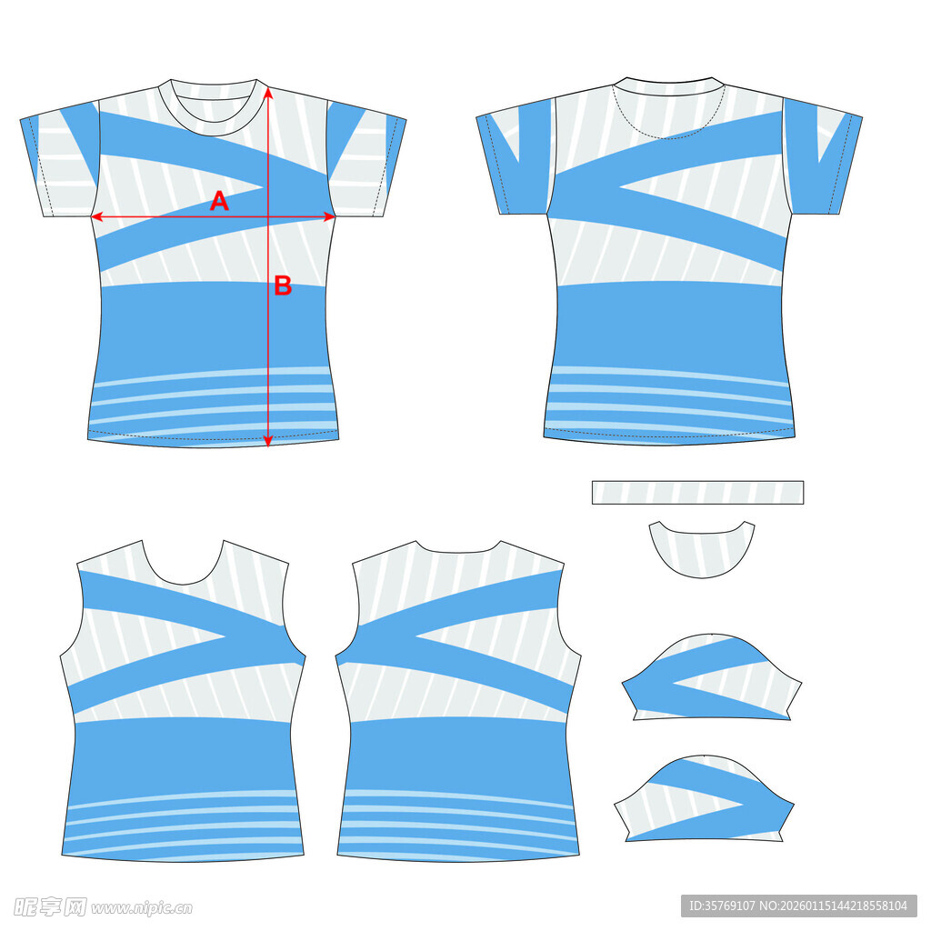 蓝白条纹拼接短袖T恤设计