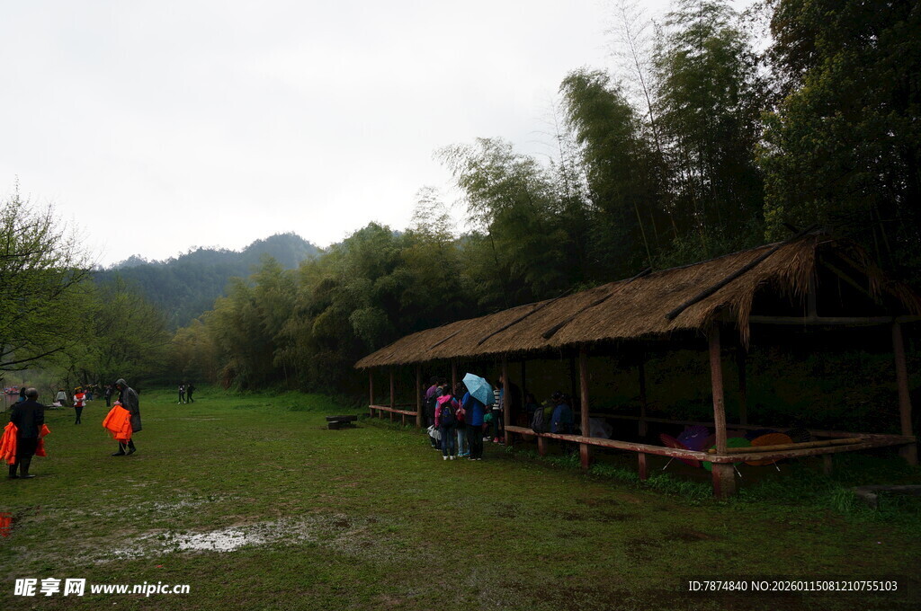 户外草地旁的简易茅草屋