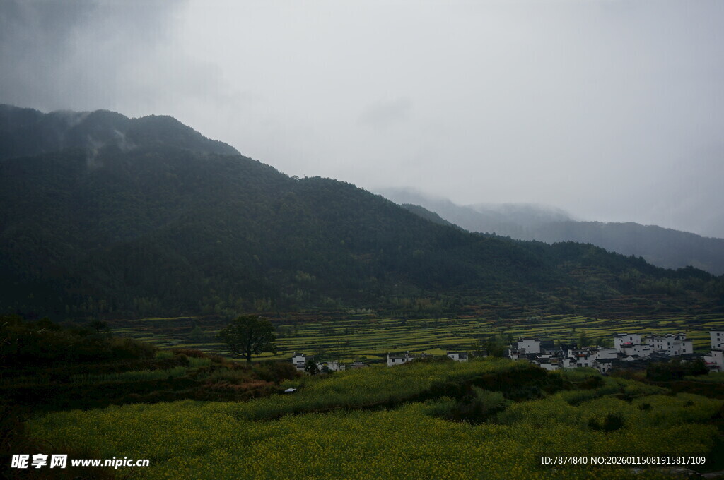 山间绿野中的朦胧村落