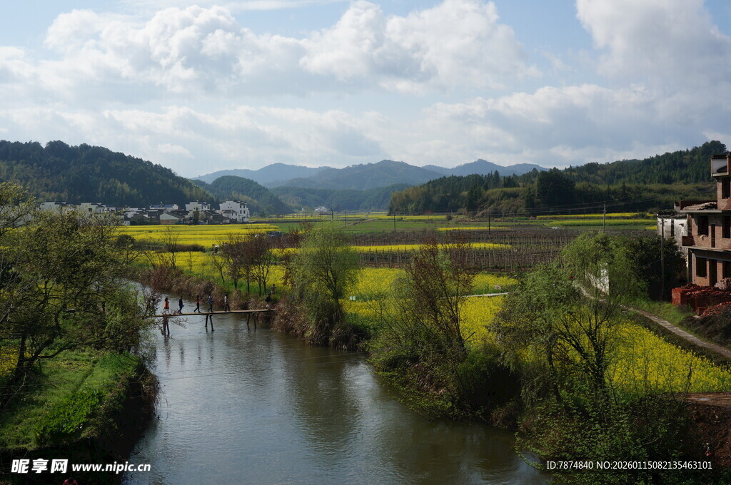 乡村河畔春日田园风光