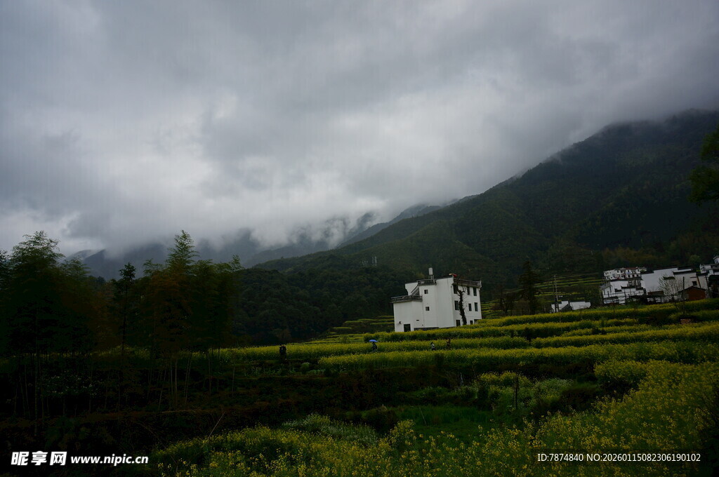 云雾缭绕下的山间田园风光