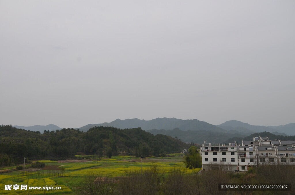 乡村田野间的白墙建筑