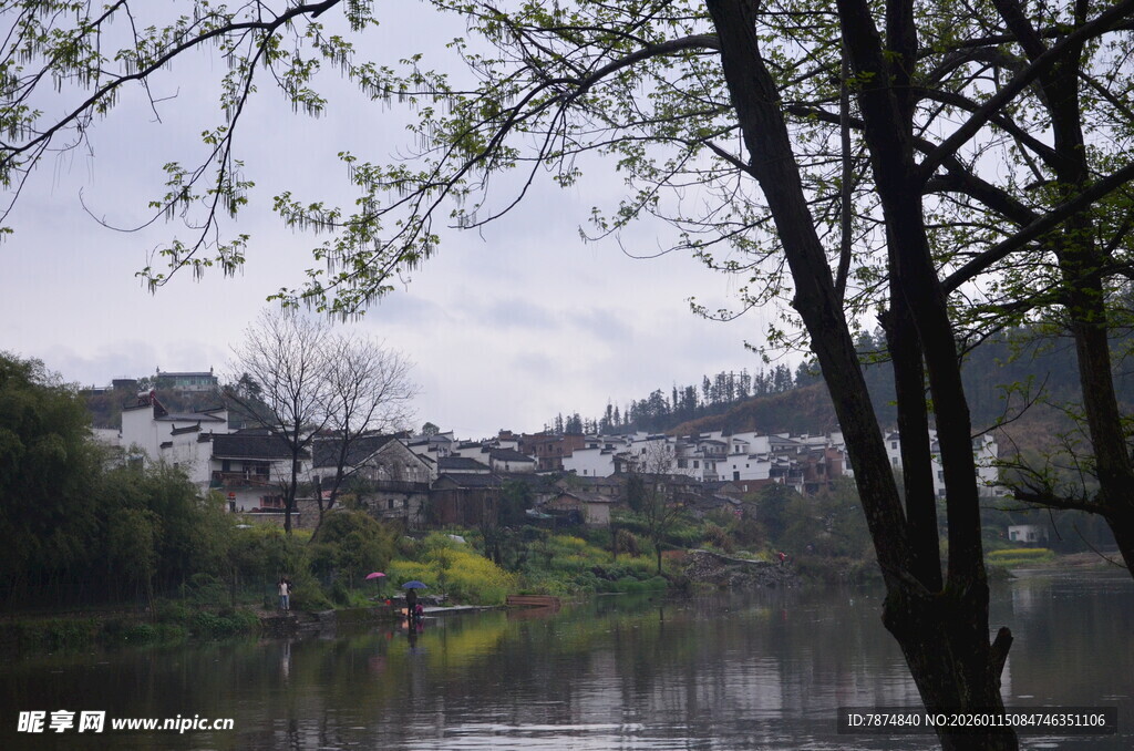 湖畔春景 树影与村落相映