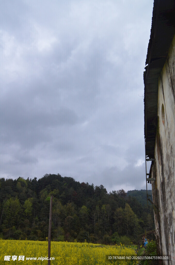 乡村田野边的房屋与风景