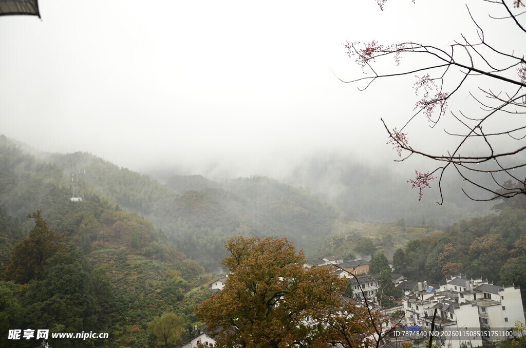 山间雾霭中的村落景致