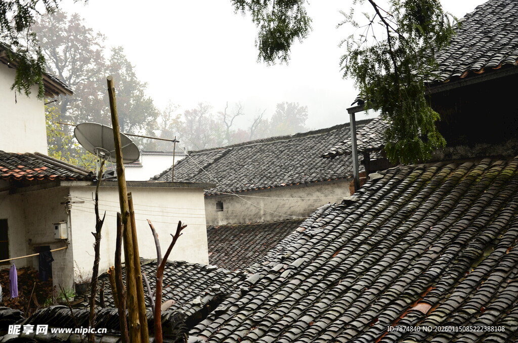 雨中古朴村落屋顶景观