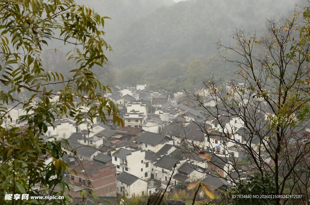 雾中村落景致