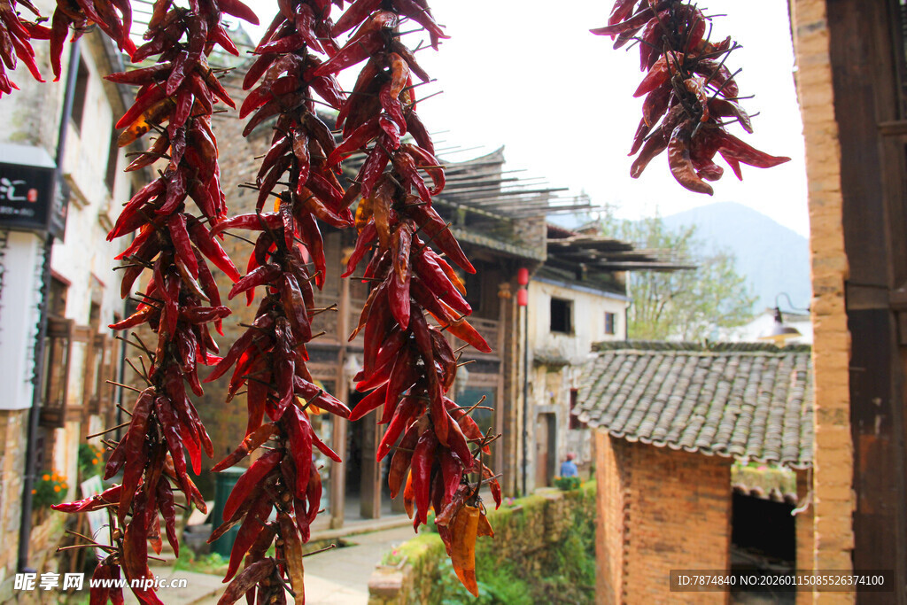 农家屋檐下晾晒的红辣椒