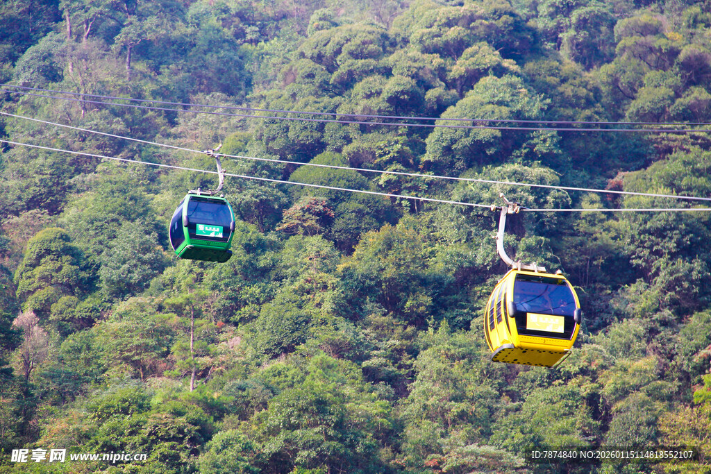 山间缆车穿梭于葱郁山林