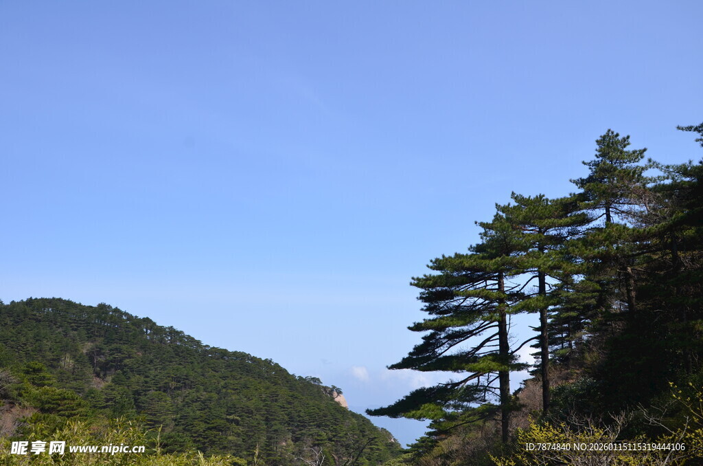 青山绿树间的蓝天美景