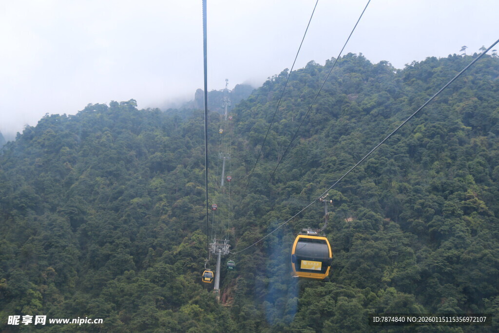 山间缆车穿行于葱郁山林