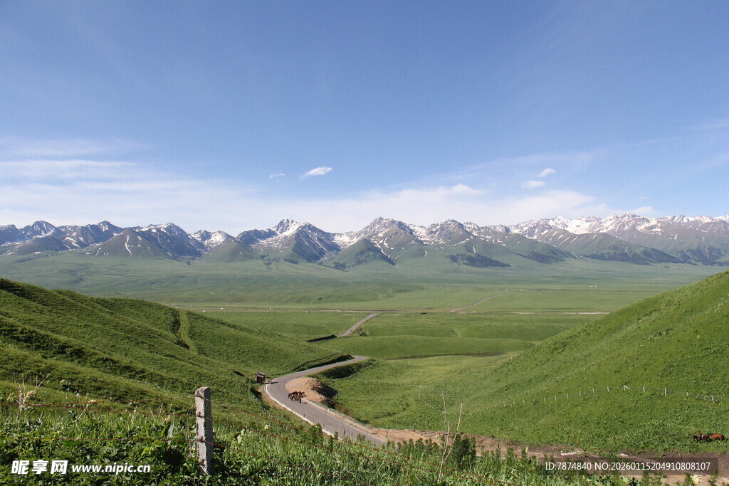 草原蜿蜒小路与远处雪山