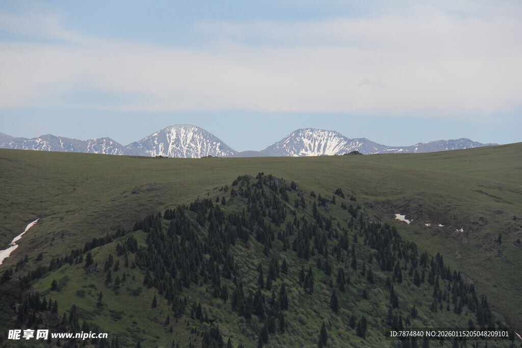 山峦葱郁间的雪顶风光