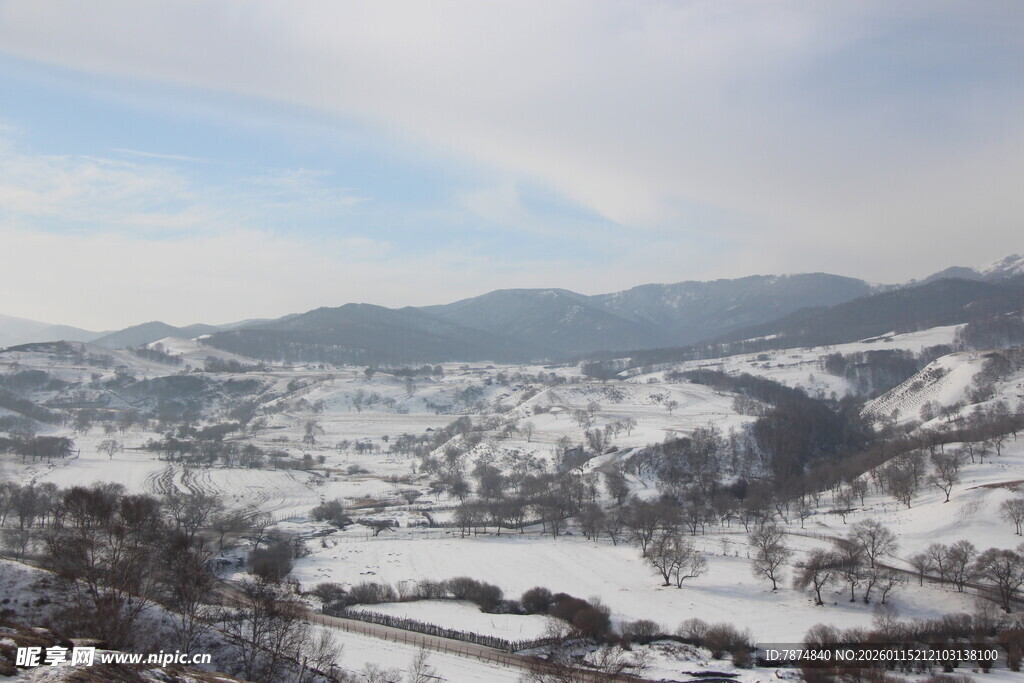 冬日雪景中的山峦与村落