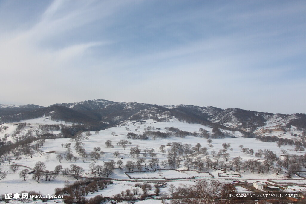 冬日雪景中的宁静山村