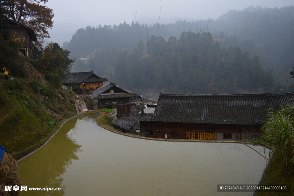 雾中水乡村落美景