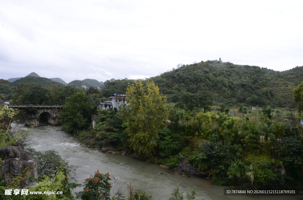 山间河流与葱郁植被景观