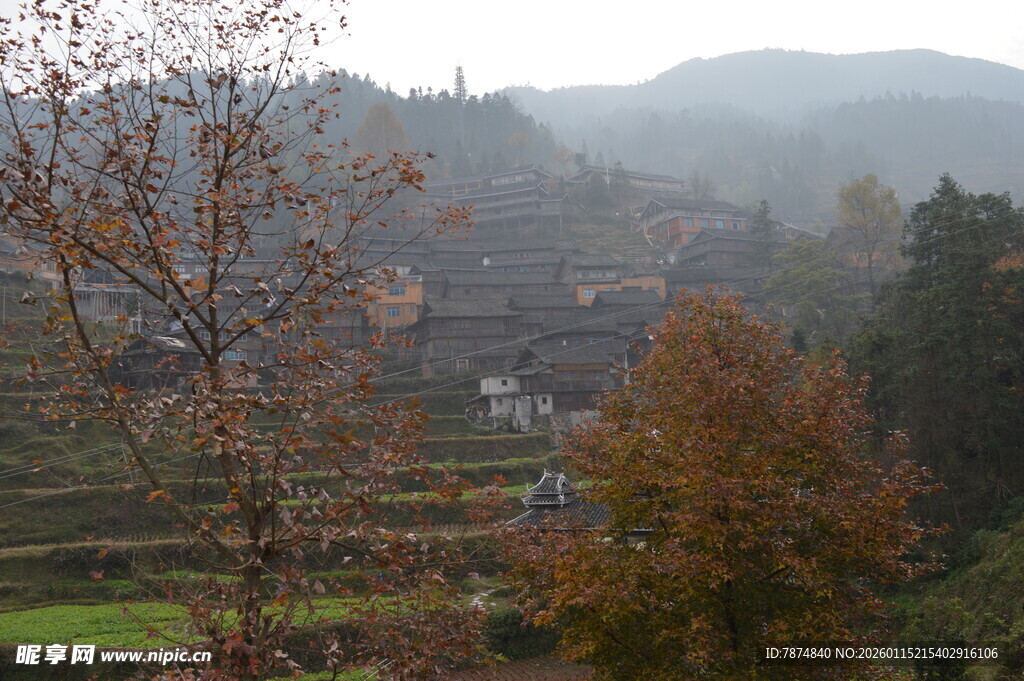 山间村落秋景图