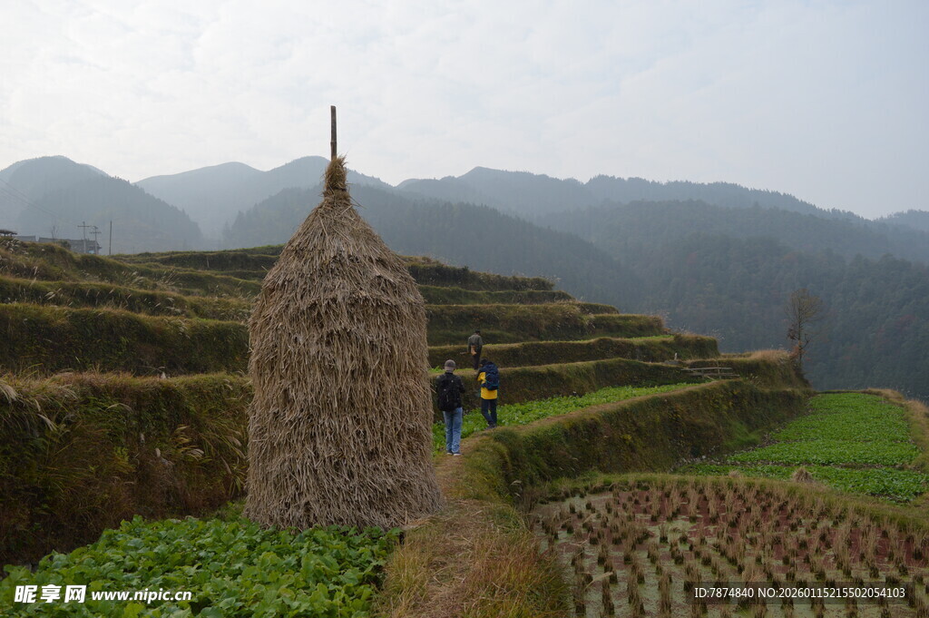 山间草垛与梯田田园景致