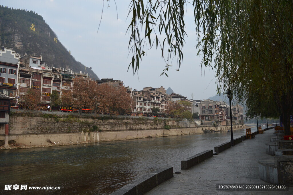 河畔垂柳下的城镇风光