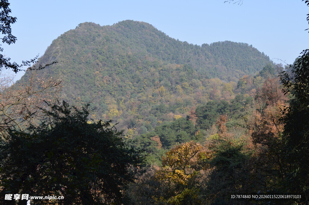 秋日山林间的巍峨山峰