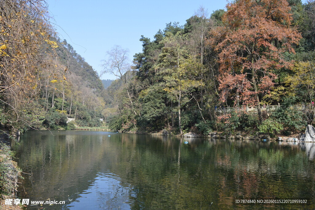 秋日山林中的宁静湖水