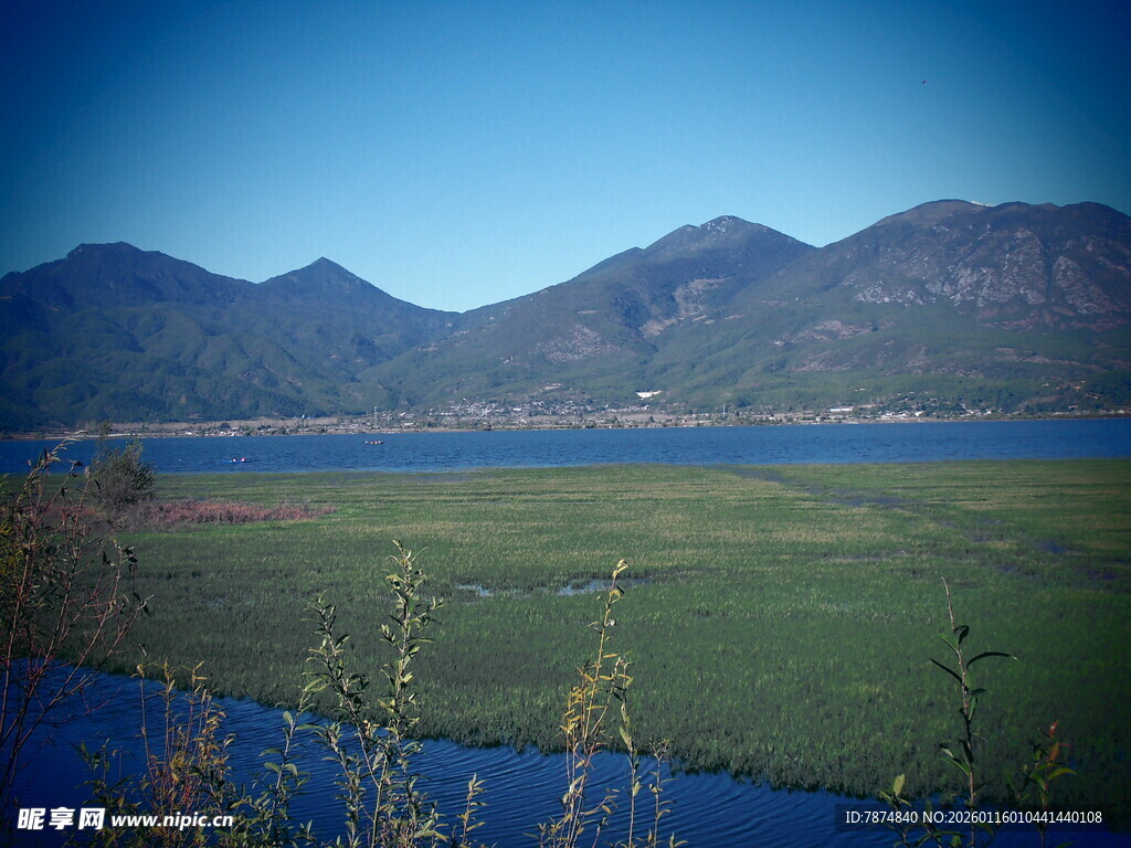 湖畔青山间的广袤绿野