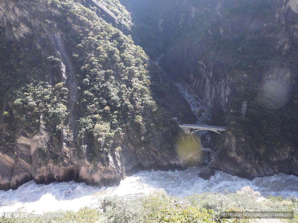 山间湍急溪流与葱郁林木