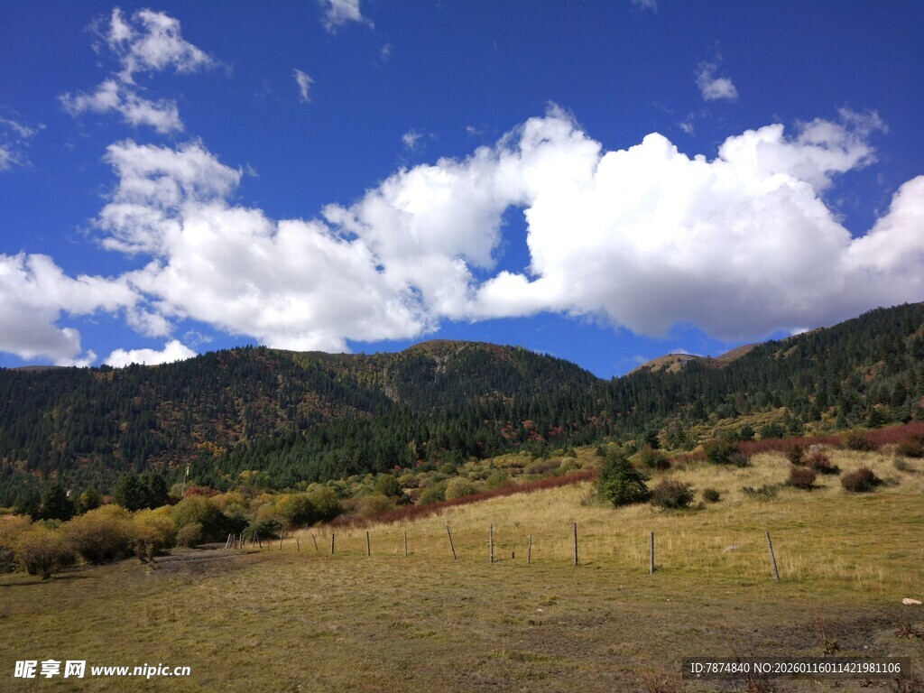 蓝天白云下的山野风光