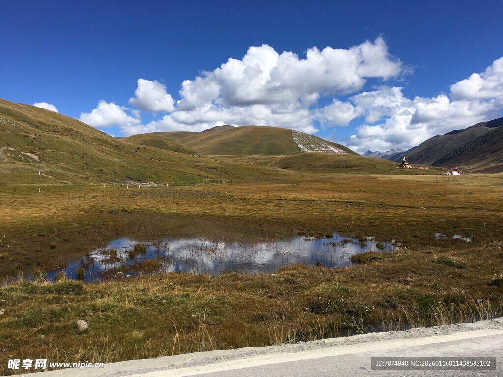 山间公路旁的静谧小水塘