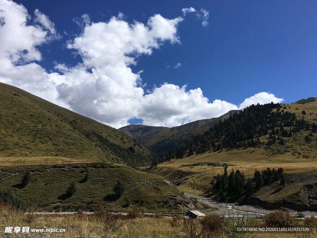 山间美景 蓝天白云映绿野