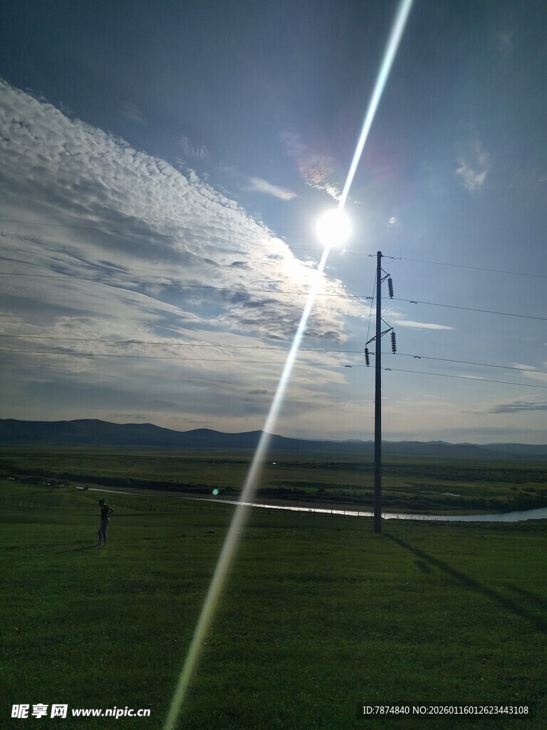 草原上的阳光与电线杆