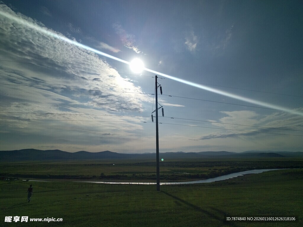 草原上的阳光与电线杆