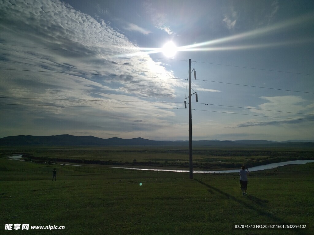 阳光下的田野与通信杆