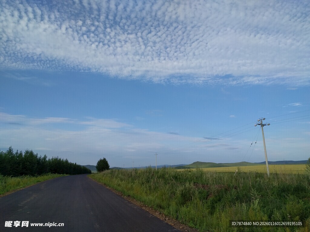 乡间公路 蓝天白云绿野