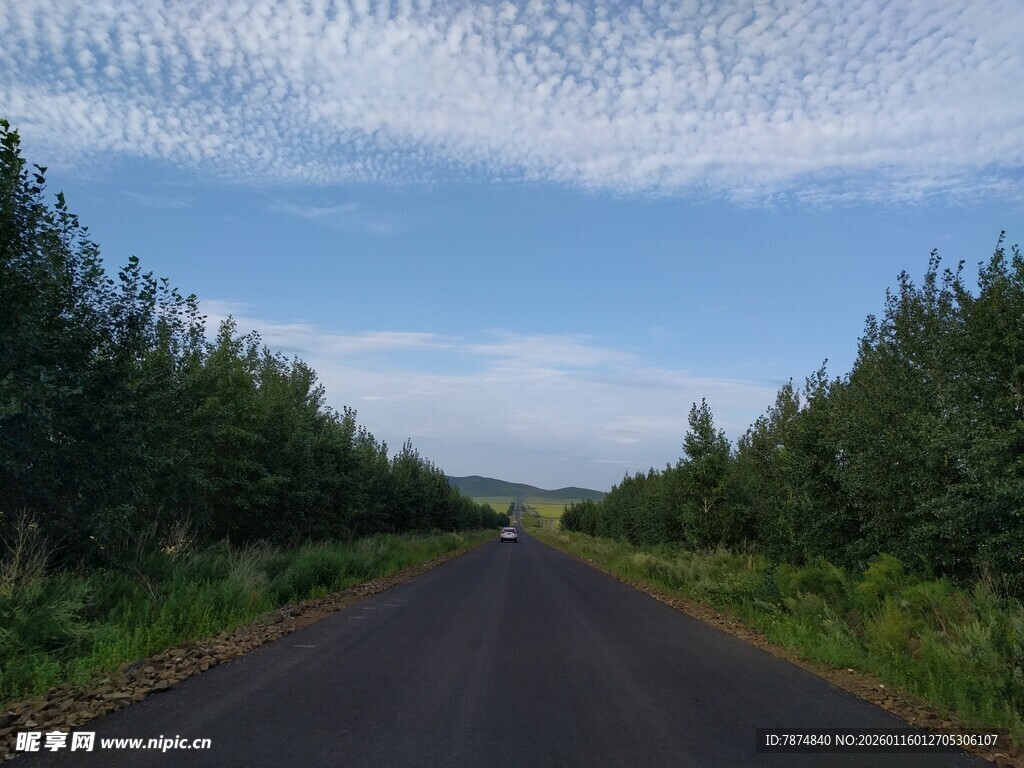 乡间公路 绿树蓝天相伴