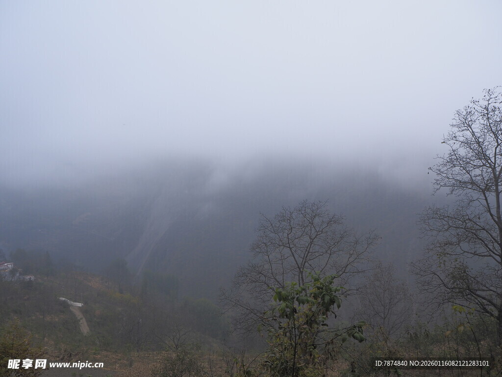 山间云雾缭绕的静谧景致