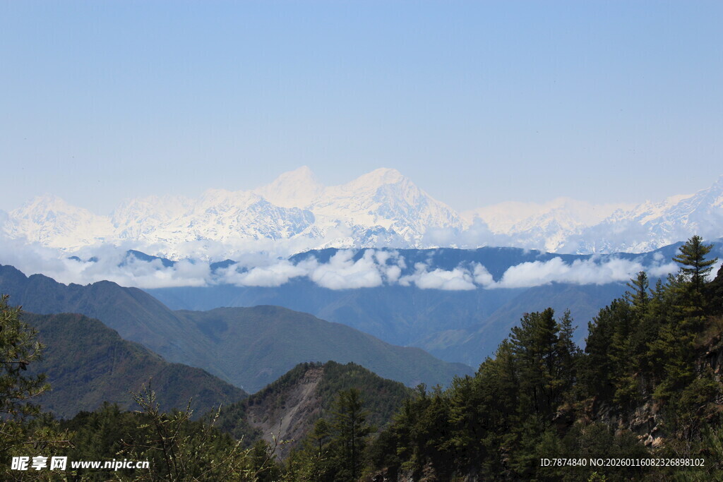 雪山远景与葱郁山林